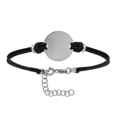 Bracelet en argent rhodié cordon doublé noir interchangeable avec plaque ronde - longueur 16cm + 3cm de rallonge