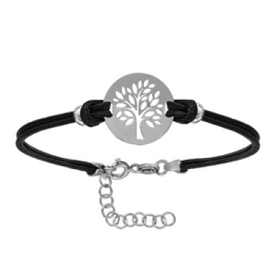 Bracelet en argent rhodié cordon doublé noir interchangeable avec plaque ronde avec 1 arbre de vie découpé - longueur 16cm + 3cm de rallonge