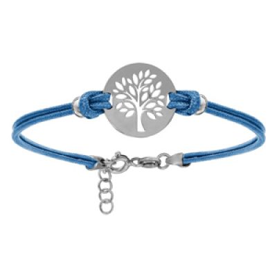 Bracelet en argent rhodié cordon double bleu ciel interchangeable avec pastille arbre de vie 16+3cm