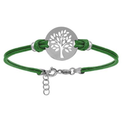 Bracelet en argent rhodié cordon double vert interchangeable avec pastille arbre de vie 16+3cm