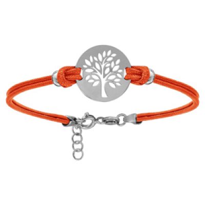 Bracelet en argent rhodié cordon double orange interchangeable avec pastille arbre de vie 16+3cm