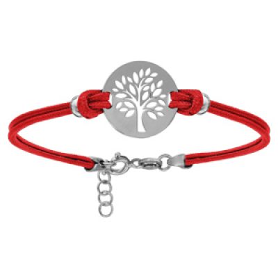 Bracelet en argent rhodié cordon double rouge interchangeable avec pastille arbre de vie 16+3cm