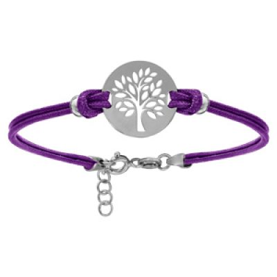 Bracelet en argent rhodié cordon double violet interchangeable avec pastille arbre de vie 16+3cm