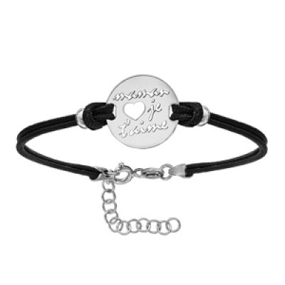 Bracelet en argent rhodié cordon doublé noir interchangeable avec plaque ronde avec coeur et "maman je t'aime" découpés - longueur 16cm + 3cm de rallonge