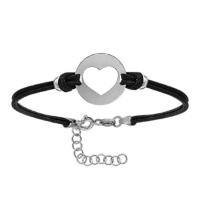 Bracelet en argent rhodié cordon doublé noir interchangeable avec plaque ronde avec 1 coeur découpé - longueur 16cm + 3cm de rallonge