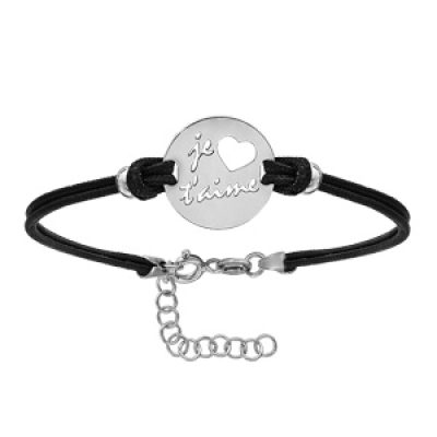 Bracelet en argent rhodié cordon doublé noir interchangeable avec plaque ronde avec coeur et "je t'aime" découpés - longueur 16cm + 3cm de rallonge