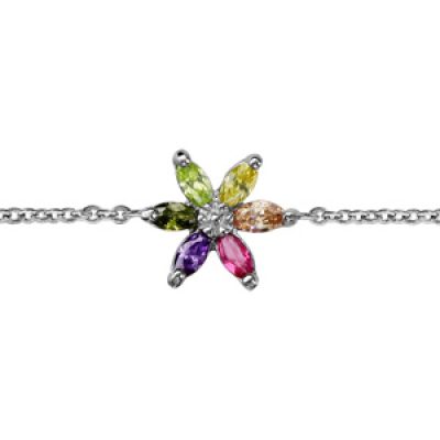 Bracelet en argent rhodié chaîne avec au milieu 1 marguerite en oxydes multicolores - longueur 16cm + 2cm de rallonge