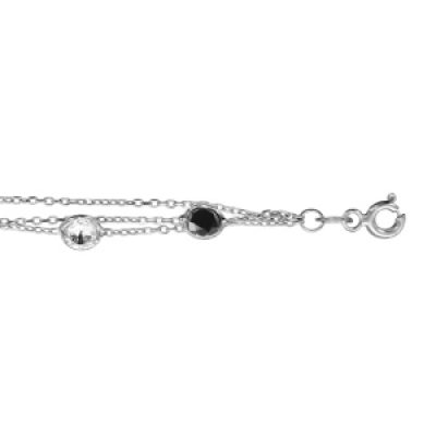 Bracelet en argent rhodié 3 chaînes agrémentées d'oxydes noirs et blancs - longueur 16cm + 3cm de rallonge