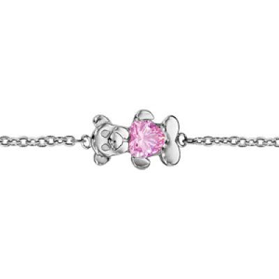 Bracelet pour enfant en argent rhodié chaîne avec au milieu 1 ourson tenant 1 oxyde rose - longueur 14cm + 2cm de rallonge