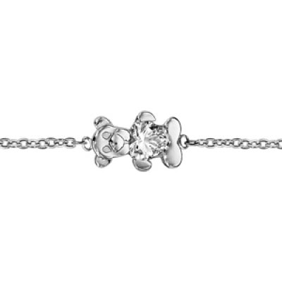 Bracelet pour enfant en argent rhodié chaîne avec au milieu 1 ourson tenant 1 oxyde blanc - longueur 14cm + 2cm de rallonge