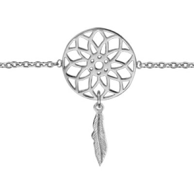 Bracelet en argent rhodié chaîne avec 1 attrape rêve avec 1 plume suspendue au milieu - longueur 16cm + 2cm de rallonge