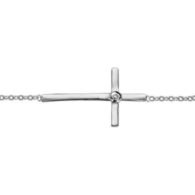 Bracelet en argent rhodié chaîne avec croix lisse couchée et 1 oxyde blanc serti à l'intersection - longueur 15