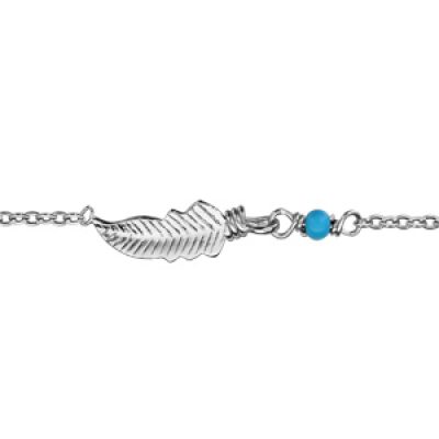 Bracelet en argent rhodié chaîne avec au milieu 1 petite plume et 1 boule turquoise - longueur 16cm + 2cm de rallonge