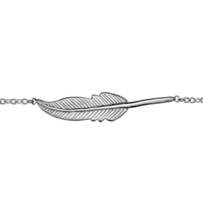 Bracelet en argent rhodié chaîne avec plume couchée et nervurée au milieu - longueur 15cm + 2cm de rallonge
