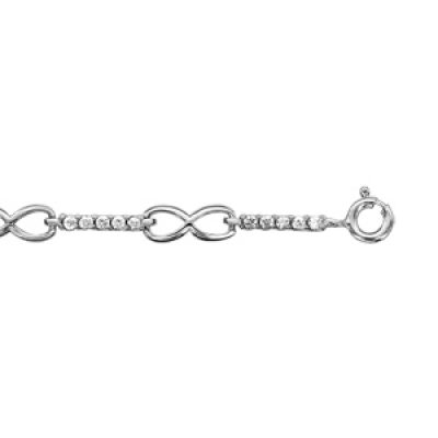 Bracelet en argent rhodié alternance de rails d'oxydes blancs sertis et symboles infini - longueur 17cm + 1cm de rallonge