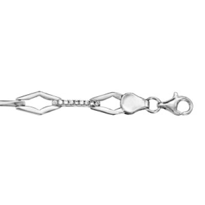 Bracelet en argent rhodié alternance d'anneaux en forme de losange et de barrettes lisses et ornées d'oxydes blancs sertis - longueur 17cm + 2cm de rallonge