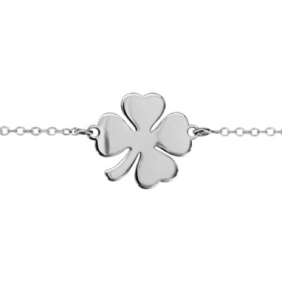 Bracelet en argent rhodié chaîne avec au milieu trèfle à 4 feuilles lisse - longueur 16cm + 3cm de rallonge