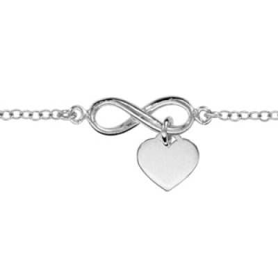 Bracelet en argent rhodié chaîne avec au milieu symbole infini orné d'1 coeur lisse suspendu - longueur 16cm + 3cm de rallonge