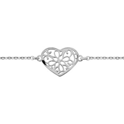 Bracelet en argent rhodié chaîne avec coeur ajouré en forme de fleur - longueur 16cm + 3cm de rallonge