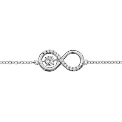 Bracelet Dancing Stone en argent rhodié chaîne avec symbole infini orné d'oxydes blancs au milieu - longueur 15cm + 3cm de rallonge