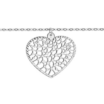 Bracelet en argent rhodié chaîne avec au milieu 1 pampille coeur ajouré en dentelle - longueur 16cm + 3cm de rallonge