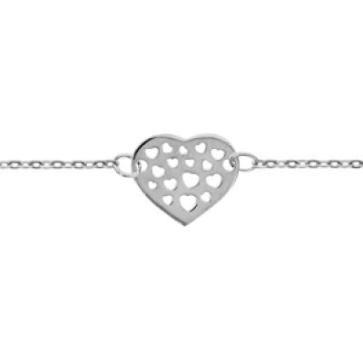 Bracelet en argent rhodié chaîne avec coeur ajouré en forme de coeurs - longueur 16cm + 3cm de rallonge