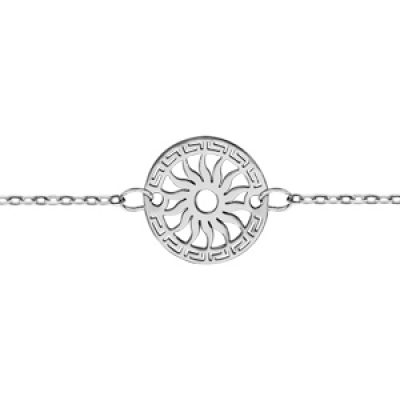 Bracelet en argent chaîne avec rond découpé en méandres grecs sur le tour et soleil au milieu - longueur 16cm + 3cm de rallonge