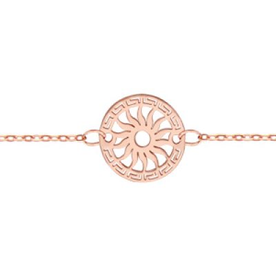 Bracelet en argent et dorure rose chaîne avec rond découpé en méandres grecs sur le tour et soleil au milieu - longueur 16cm + 3cm de rallonge