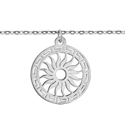Bracelet en argent chaîne avec pampille rond découpé en méandres grecs sur le tour et soleil au milieu - longueur 16cm + 3cm de rallonge