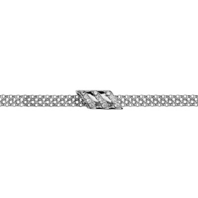 Bracelet en argent petite maille milanaise avec 1 barrette en biais ornée d'oxydes blancs - longueur 16cm + 3cm de rallonge