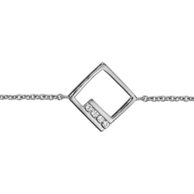 Bracelet en argent rhodié chaîne avec au milieu carré ajouré et oxydes blancs sertis - longueur 16cm + 2cm de rallonge