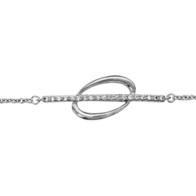 Bracelet en argent rhodié chaîne avec au milieu 1 rail d'oxydes blancs superposé sur 1 ovale lisse et évidé - longueur 16cm + 2cm de rallonge