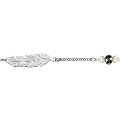 Bracelet en argent rhodié chaîne avec au milieu 1 plume et perles facetées blanches et noires synthétiques de chaque côté - longueur 17cm + 2cm de rallonge