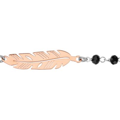 Bracelet en argent rhodié 2 plume dorées rose intercalées par des perles noires synthétiques - longueur 17cm + 3cm de rallonge
