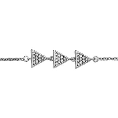 Bracelet en argent rhodié chaîne avec 3 triangles pavés d'oxydes blancs sertis - longueur 16cm + 2cm de rallonge