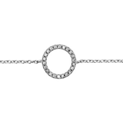 Bracelet en argent rhodié chaîne avec 1 anneau orné d'oxydes blancs sertis au milieu - longueur 16cm + 2cm de rallonge
