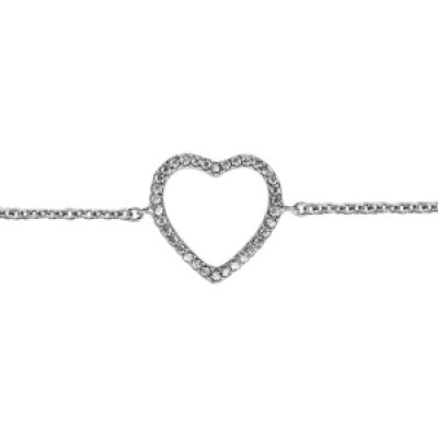 Bracelet en argent rhodié chaîne avec coeur fin ajouré orné d'oxydes blancs - longueur 16cm + 1