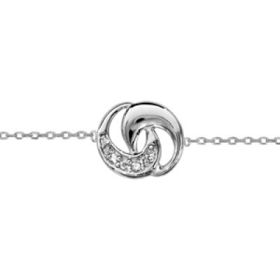 Bracelet en argent rhodié chaîne avec 2 maillons arrondis dont 1 lisse et l'autre orné d'oxydes blancs sertis - longueur 16cm + 2cm de rallonge