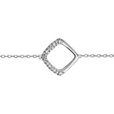 Bracelet en argent rhodié chaîne avec carré ajouré avec moitié ornée d'oxydes blancs sertis au milieu - longueur 16cm + 2cm de rallonge