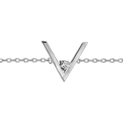 Bracelet en argent rhodié chaîne avec au milieu forme V avec 1 oxyde blanc dans la pointe - longueur 16cm + 2cm de rallonge