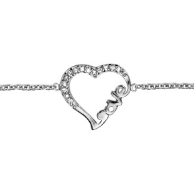 Bracelet en argent rhodié chaîne avec coeur évidé découpé "Love" en bas et orné d'oxydes blancs sertis - longueur 16cm + 2cm de rallonge