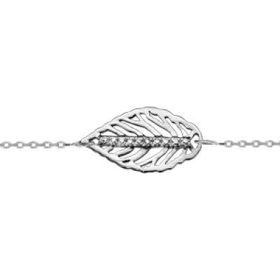 Bracelet en argent rhodié chaîne avec au milieu 1 feuille nervurée ajourée avec barrette d'oxydes blancs sertis au milieu - longueur 16cm + 2cm de rallonge