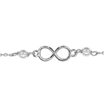 Bracelet en argent rhodié chaîne avec au milieu symbole infini entouré de 2 perles blanches synthétiques - longueur 15cm + 3cm de rallonge