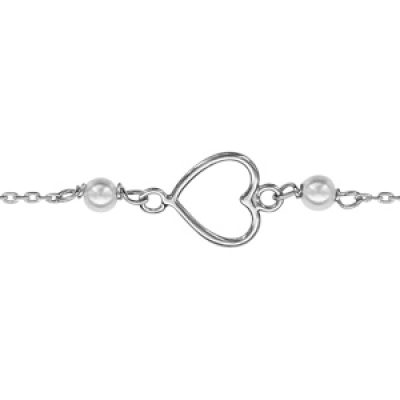 Bracelet en argent rhodié chaîne avec au milieu 1 coeur évidé couché et 2 perles blanches synthétiques - longueur 15cm + 3cm de rallonge