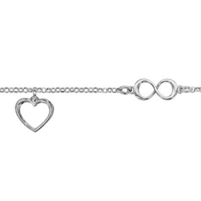 Bracelet en argent rhodié chaîne avec symbole infini au milieu et pampille coeur évidé - longueur 16cm + 3cm de rallonge