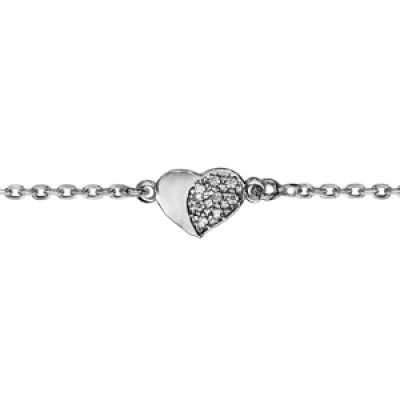 Bracelet en argent rhodié chaîne avec coeur dont 1 partie lisse et l'autre ornée d'oxydes blancs - longueur 15cm + 3cm de rallonge