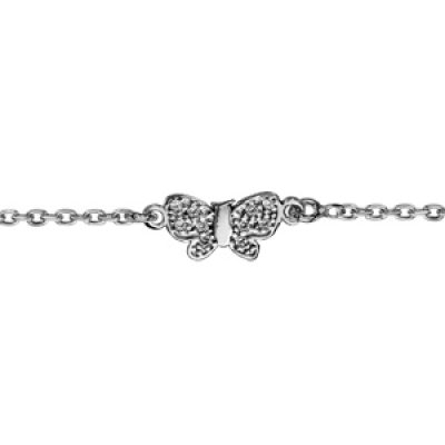 Bracelet en argent rhodié chaîne avec au milieu 1 papillon avec ailes pavées d'oxydes blancs sertis - longueur 14cm + 3cm de rallonge