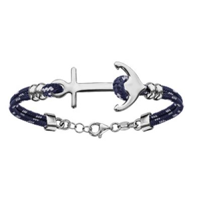 Bracelet en argent rhodié cordon doublé bleu foncé finement moucheté gris avec ancre de marine au milieu - longueur 16cm + 4cm de rallonge