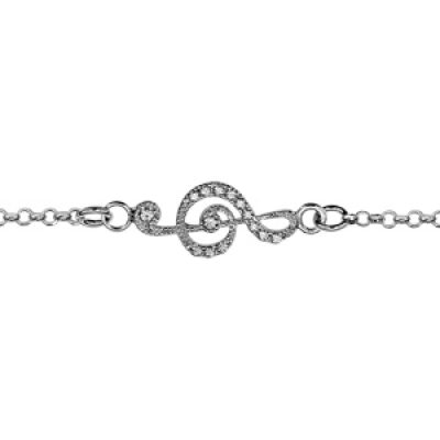 Bracelet en argent rhodié chaîne avec 1 clef de sol ornée d'oxydes blancs sertis au milieu - longueur 16cm + 3cm de rallonge