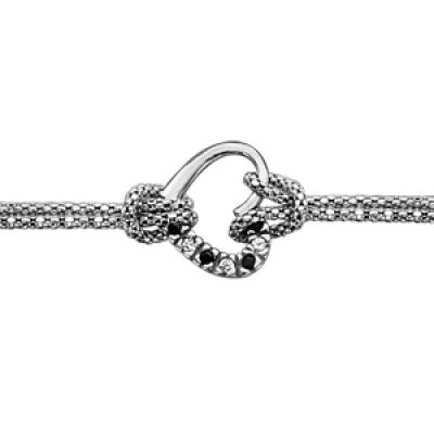 Bracelet en argent rhodié chaîne doublée avec coeur évidé avec 1 moitié ornée d'oxydes blancs et noir sertis alternés - longueur 16cm + 3cm de rallonge